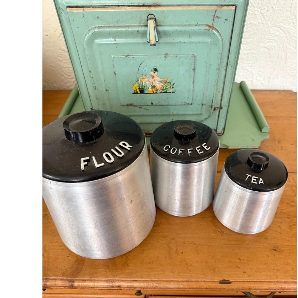 Vintage‎ 1950s MCM Aluminum Canister Set Flour Coffee Tea